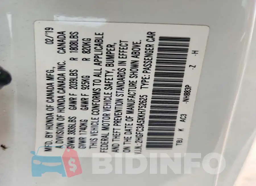 2HGFC3A5XKH752625 Photo# 12