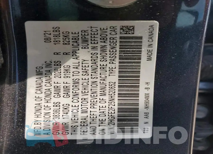 2HGFE2F25NH520652 Photo# 12