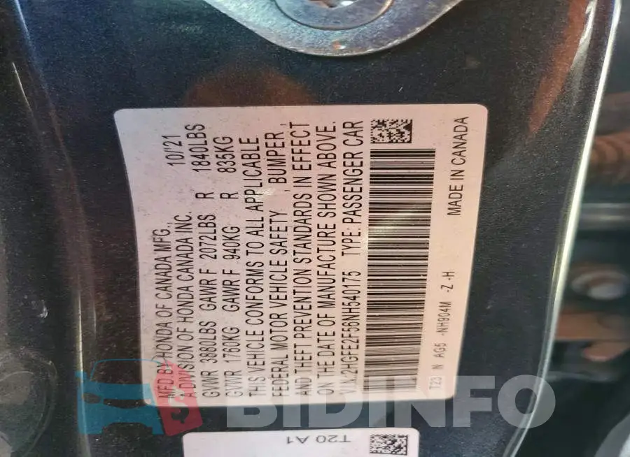 2HGFE2F56NH540175 Photo# 12