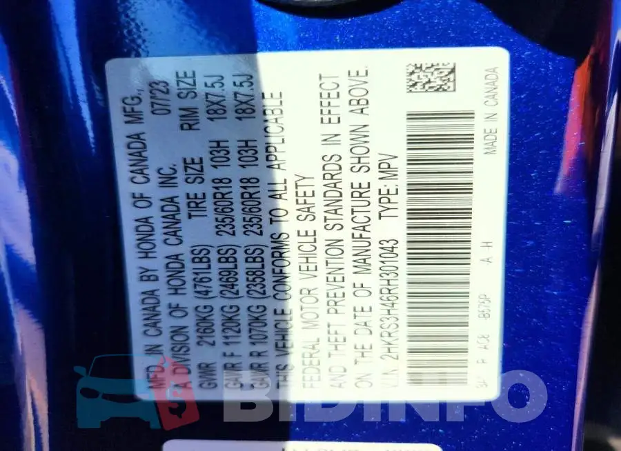 2HKRS3H46RH301043 Photo# 12