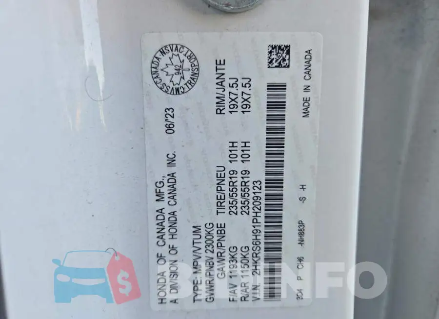 2HKRS6H91PH209123 Photo# 13