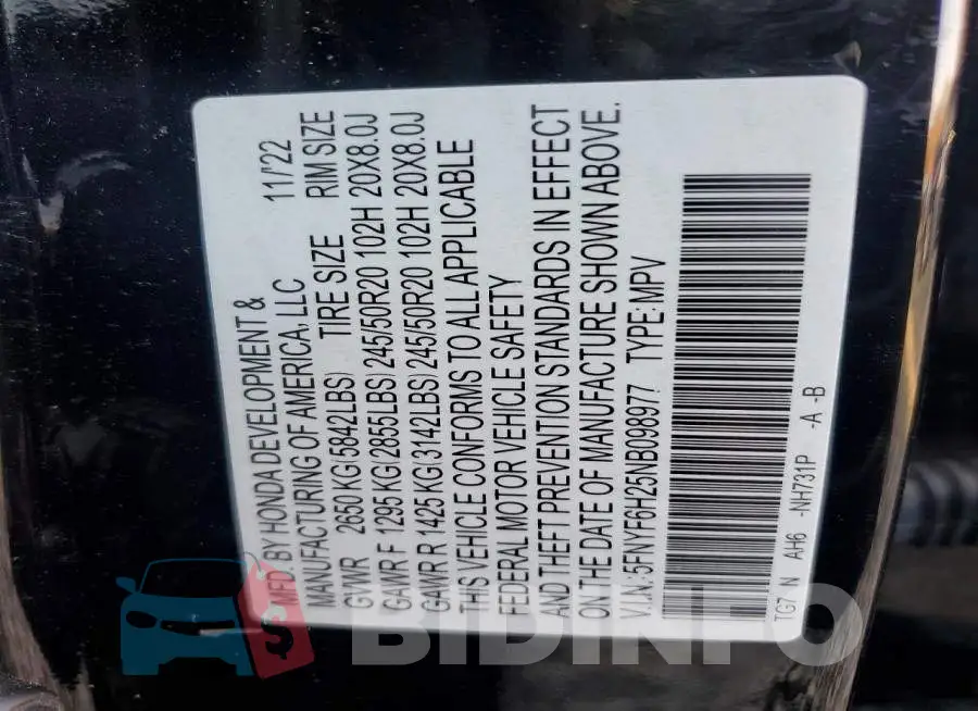 5FNYF6H25NB098977 Photo# 12
