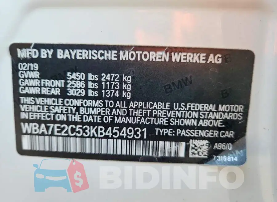 WBA7E2C53KB454931 Photo# 12