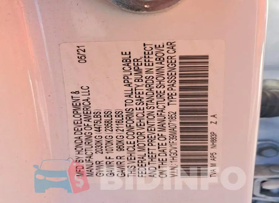 1HGCV1F39MA071852 Photo# 12