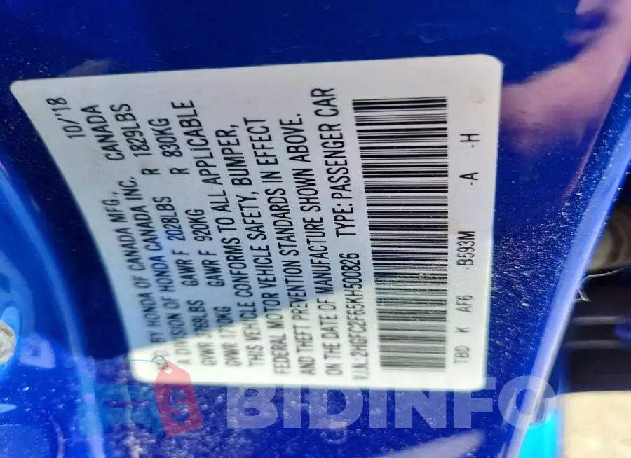 2HGFC2F65KH500826 Photo# 13