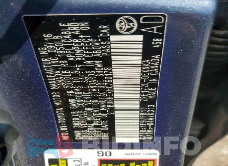 2T1BURHEXHC760178 Photo# 12