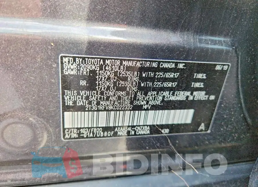 2T3G1RFV8KC022332 Photo# 13