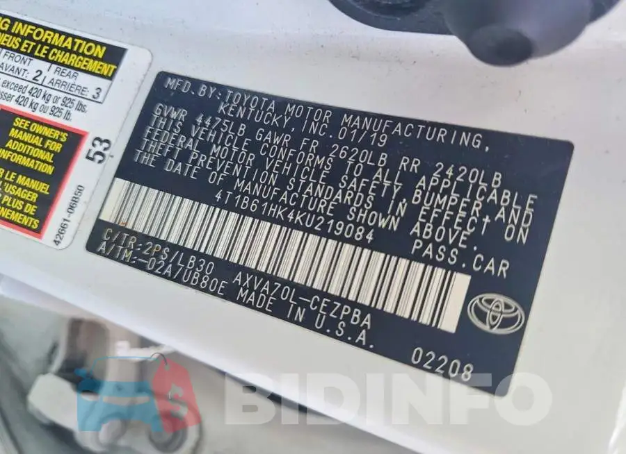 4T1B61HK4KU219084 Photo# 12