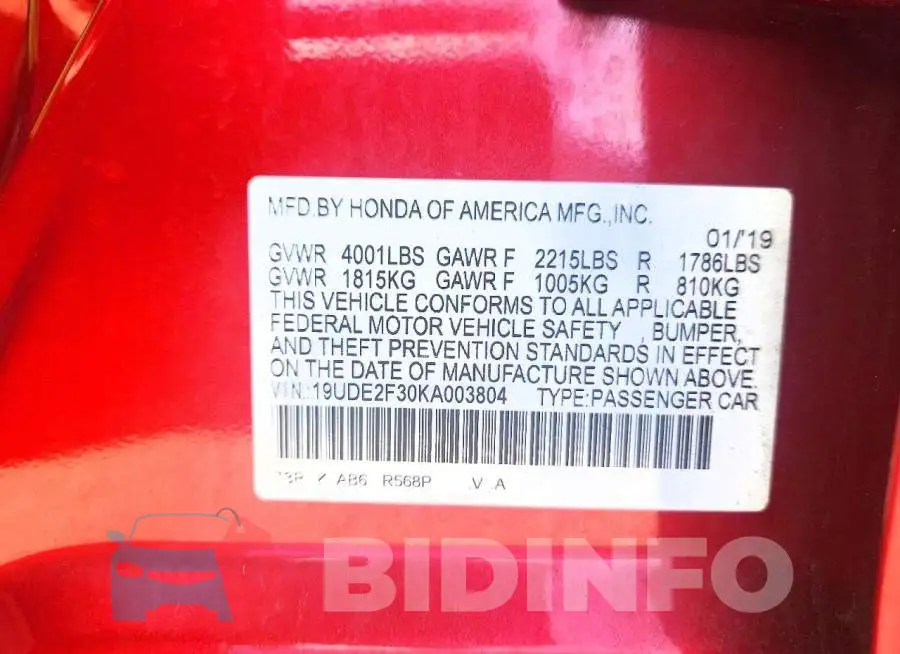 19UDE2F30KA003804 Photo# 12