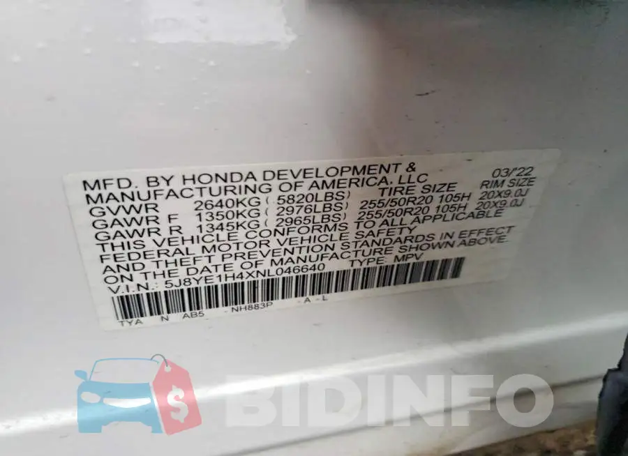 5J8YE1H4XNL046640 Photo# 13