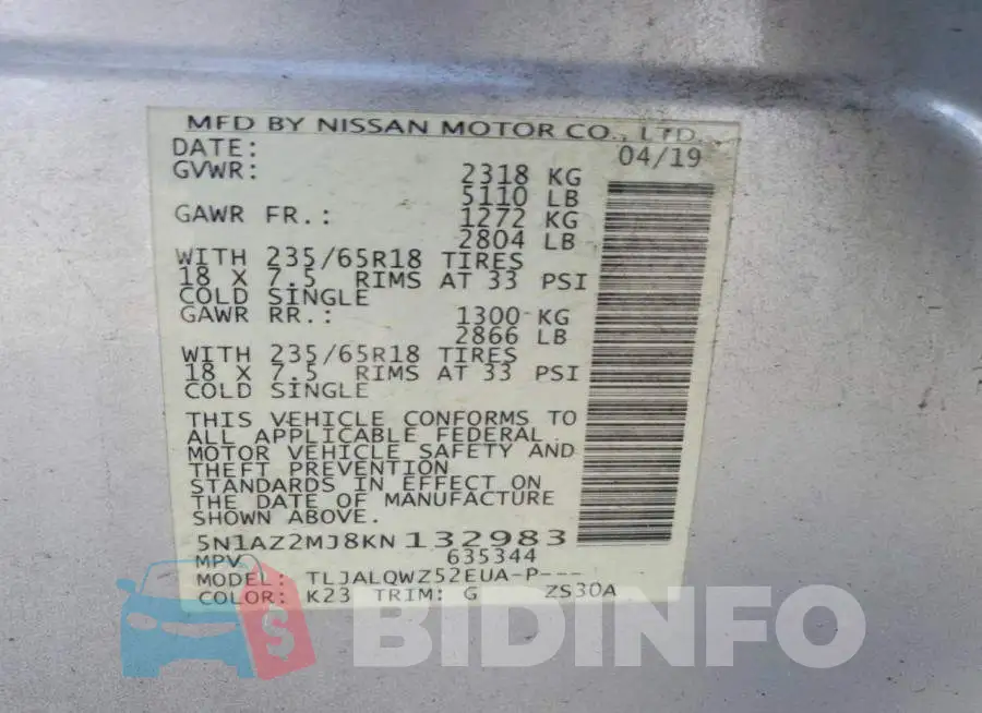 5N1AZ2MJ8KN132983 Photo# 14