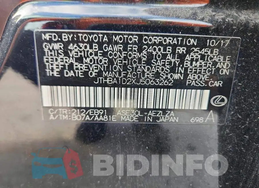 JTHBA1D2XJ5063262 Photo# 12
