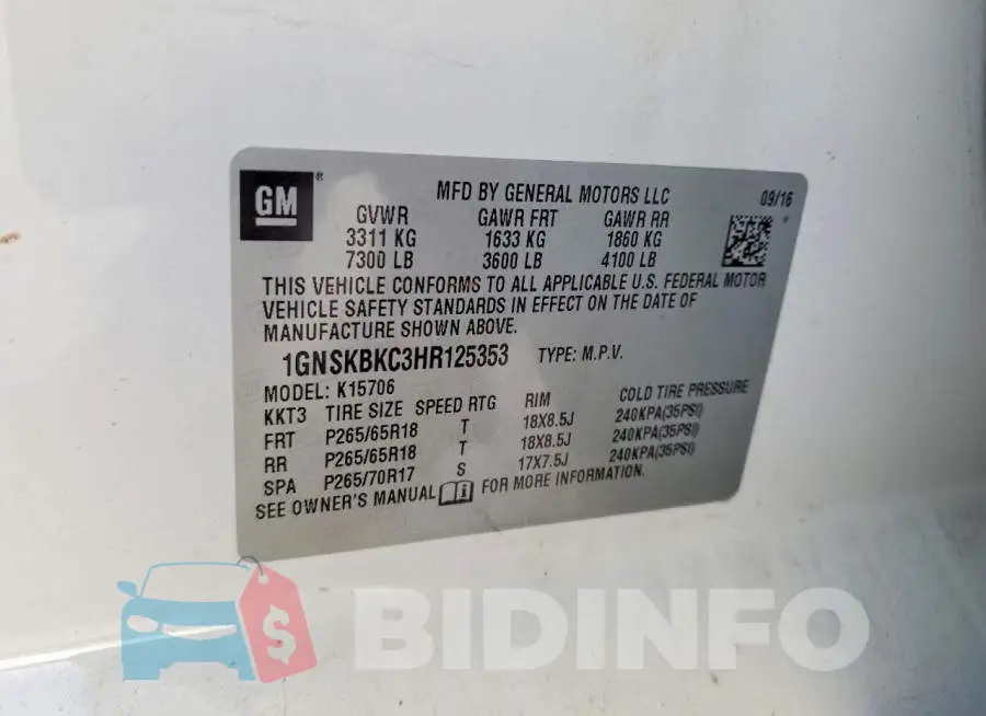 1GNSKBKC3HR125353 Photo# 12