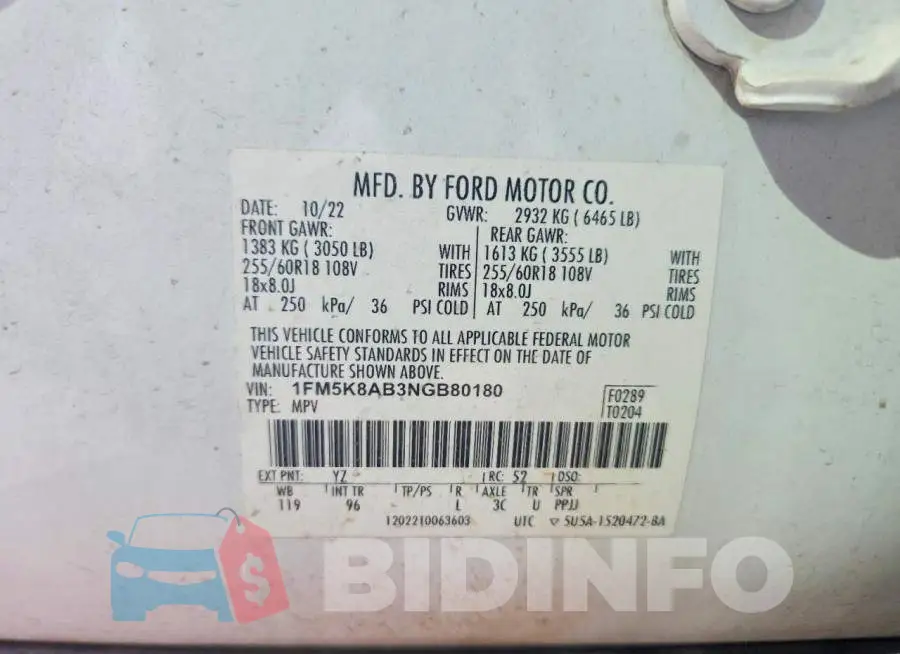 1FM5K8AB3NGB80180 Photo# 13