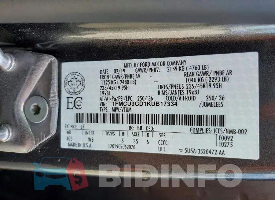 1FMCU9GD1KUB17334 Photo# 13