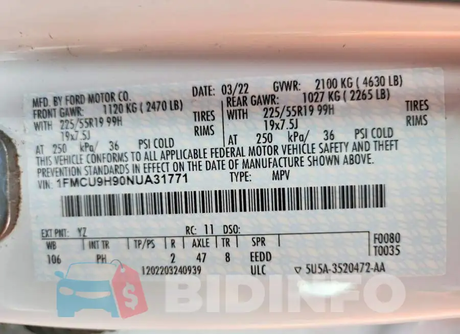 1FMCU9H90NUA31771 Photo# 13