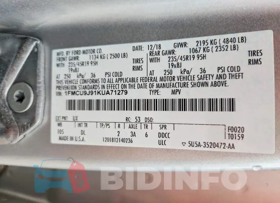 1FMCU9J91KUA71279 Photo# 13