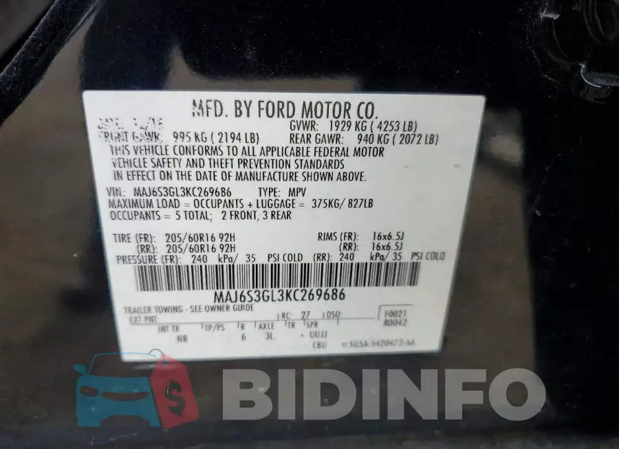 MAJ6S3GL3KC269686 Photo# 14