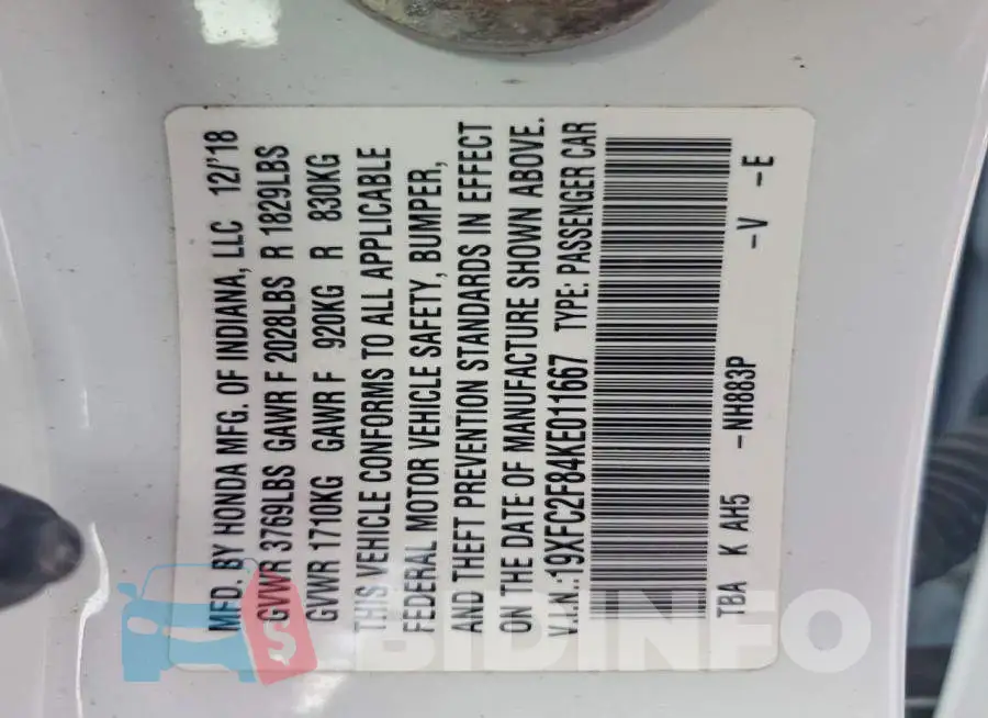 19XFC2F84KE011667 Photo# 12
