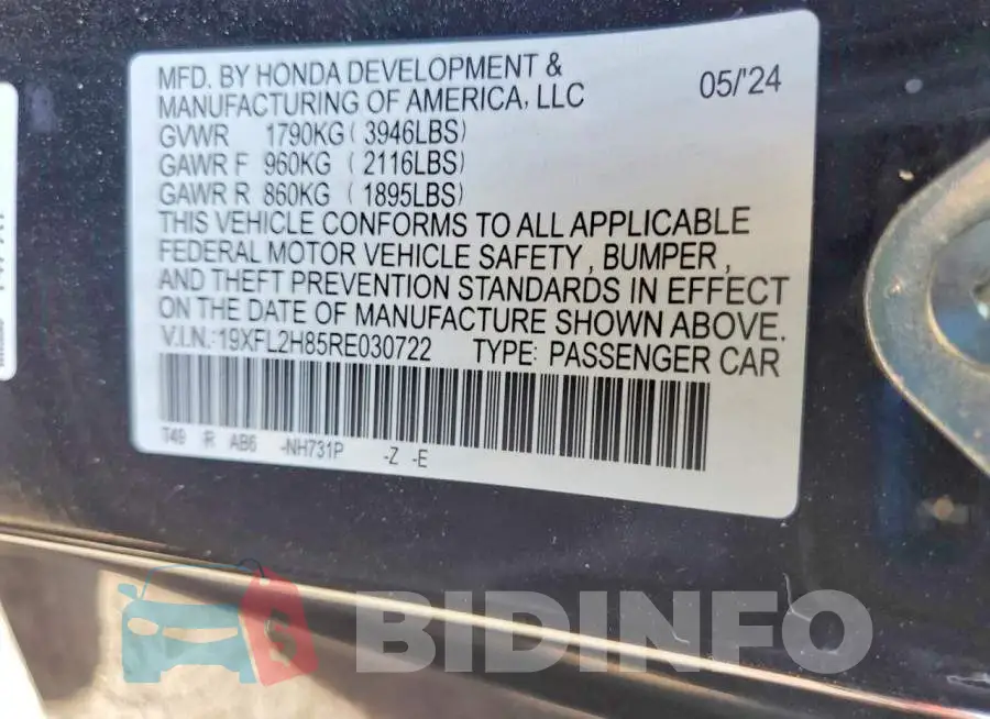 19XFL2H85RE030722 Photo# 12
