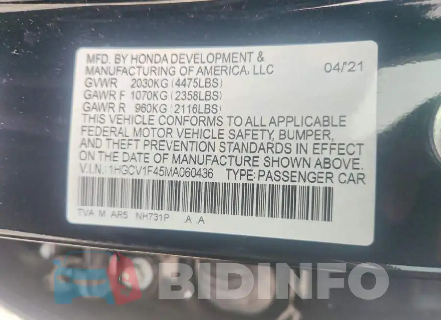 1HGCV1F45MA060436 Photo# 12