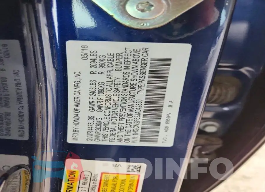 1HGCV2F63JA042830 Photo# 12