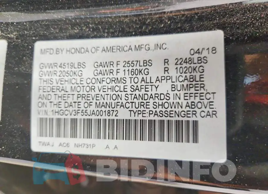 1HGCV3F55JA001872 Photo# 13