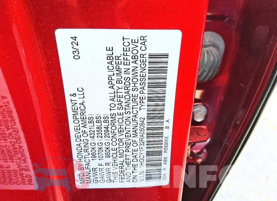1HGCY1F32RA050842 Photo# 12