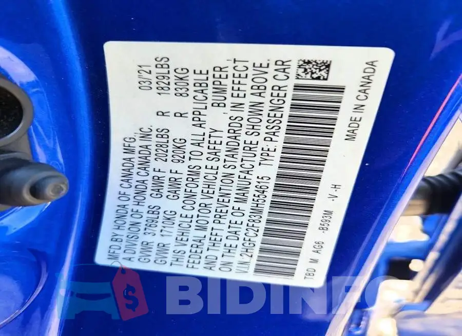 2HGFC2F83MH554615 Photo# 12
