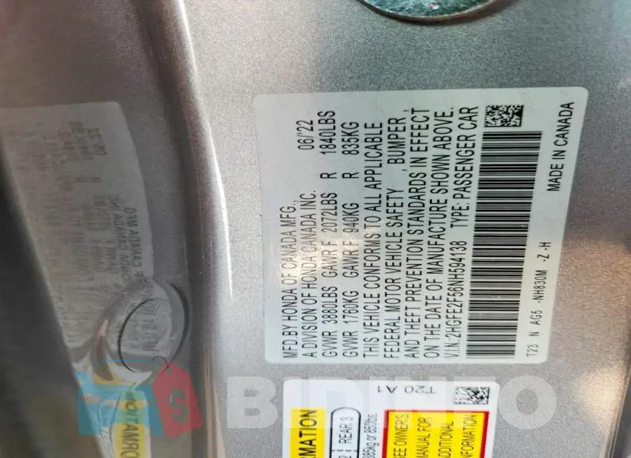 2HGFE2F56NH594138 Photo# 12