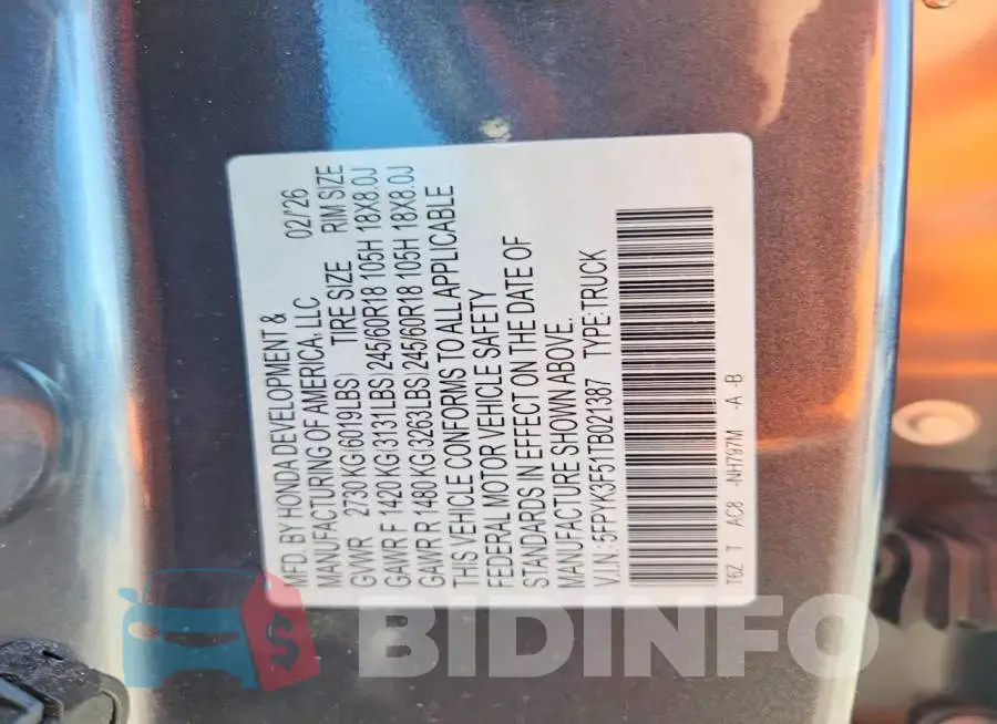 5FPYK3F51TB021387 Photo# 13