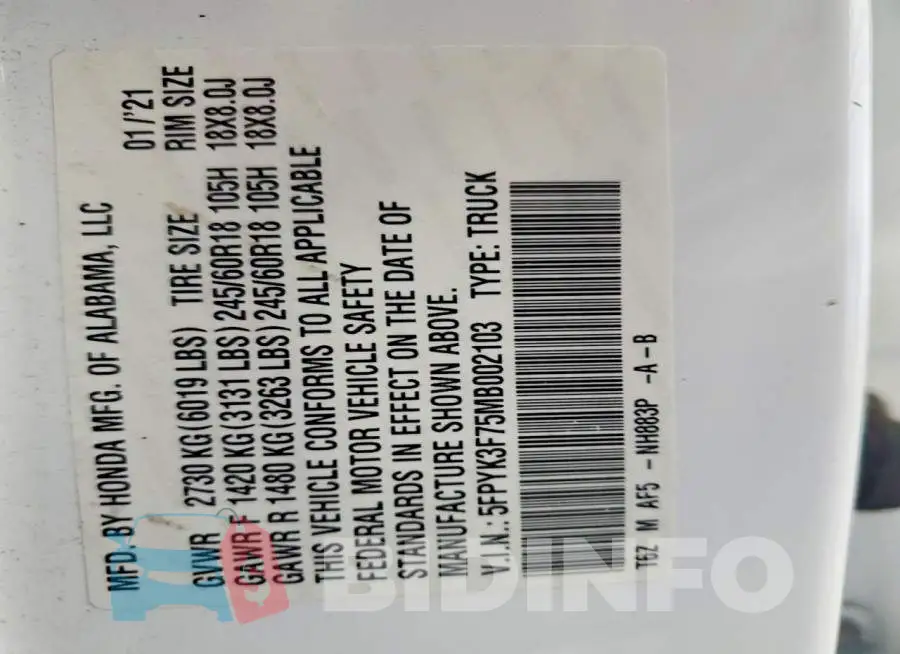 5FPYK3F75MB002103 Photo# 12