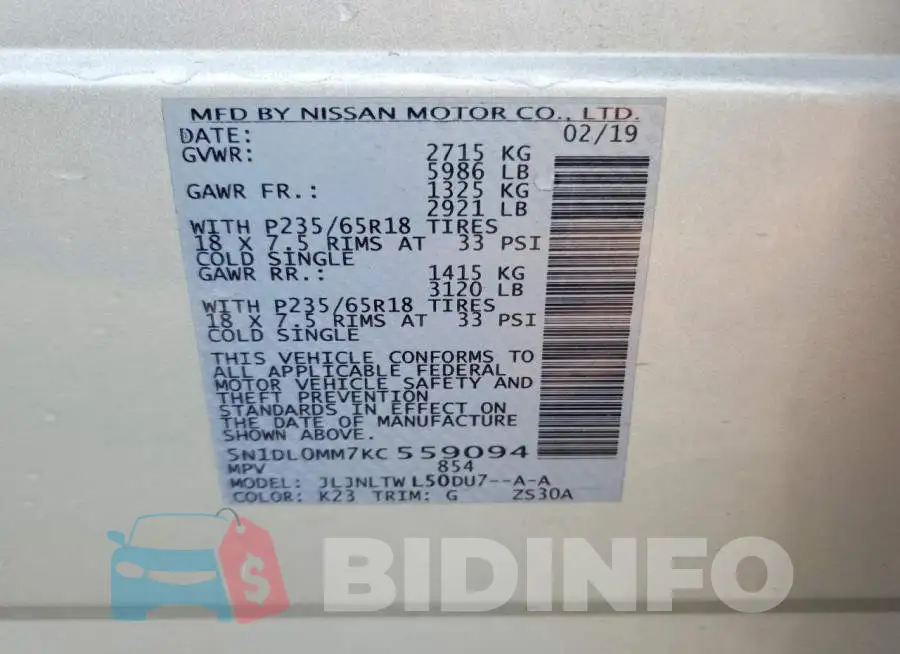 5N1DL0MM7KC559094 Photo# 13