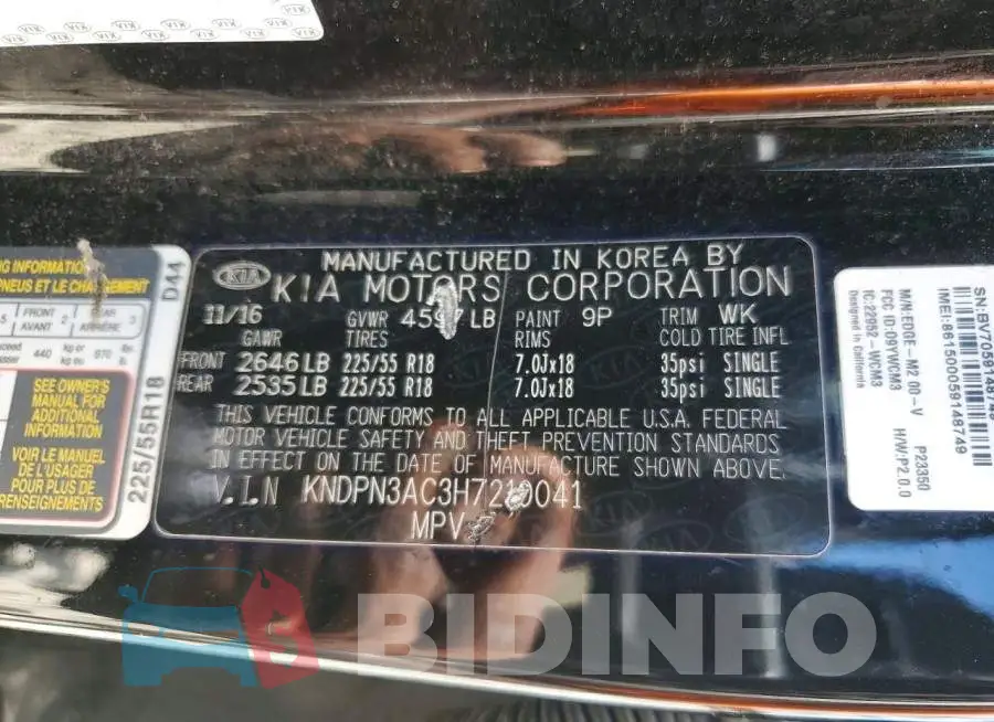 KNDPN3AC3H7210041 Photo# 13