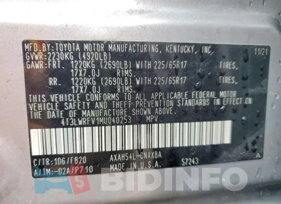 4T3LWRFV1MU040253 Photo# 14
