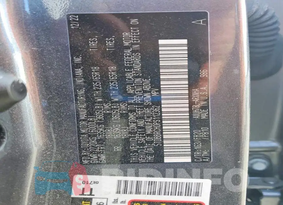 5TDBBRCH0PS112362 Photo# 13