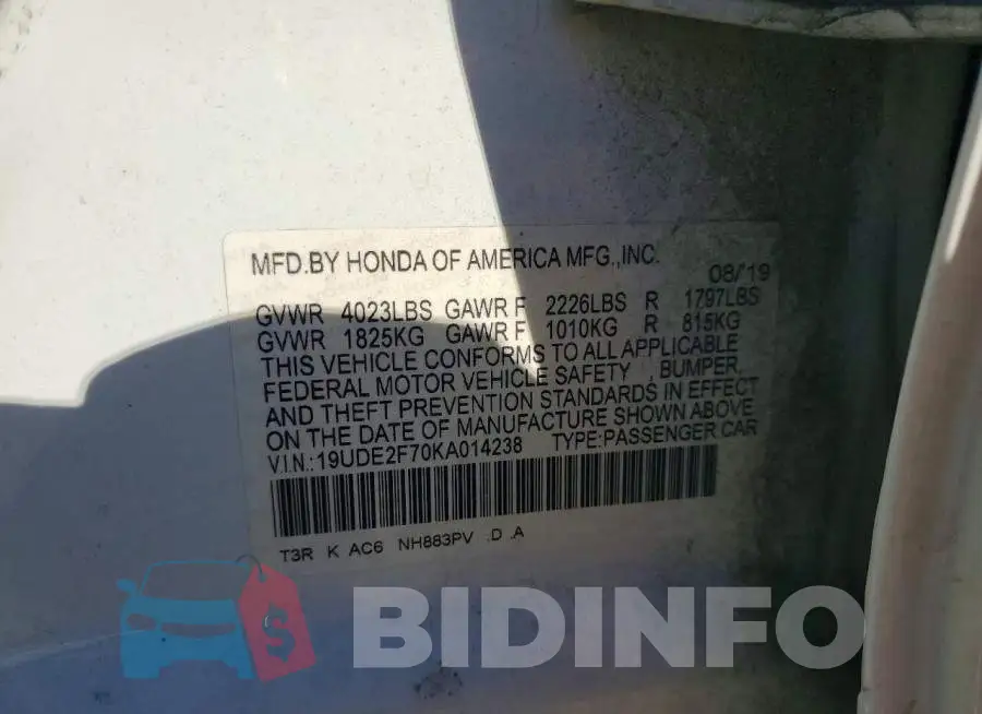19UDE2F70KA014238 Photo# 12