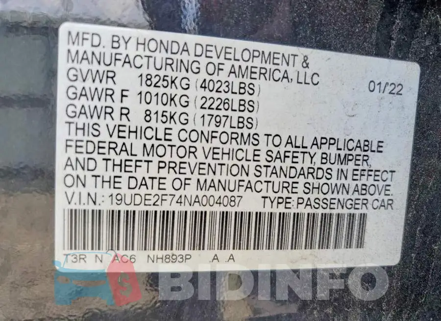 19UDE2F74NA004087 Photo# 12