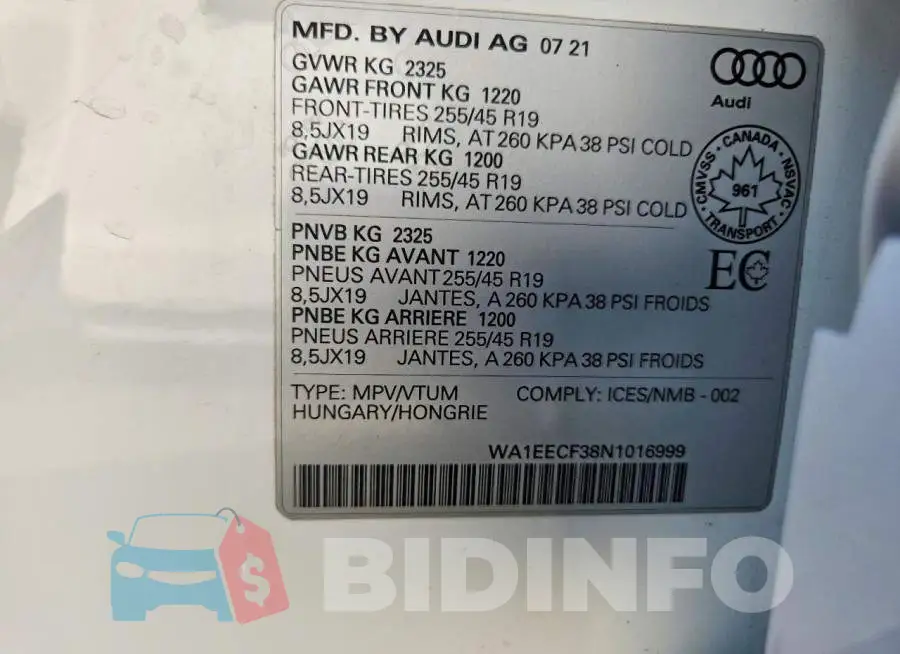 WA1EECF38N1016999 Photo# 13