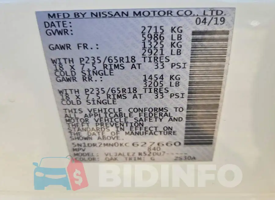 5N1DR2MN0KC627660 Photo# 12