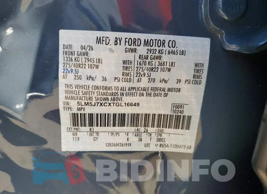 5LM5J7XCXTGL16649 Photo# 13