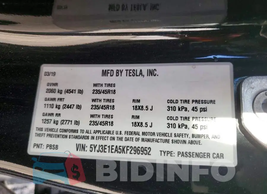 5YJ3E1EA5KF296952 Photo# 13