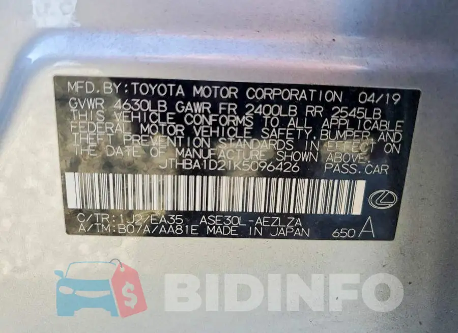 JTHBA1D21K5096426 Photo# 12