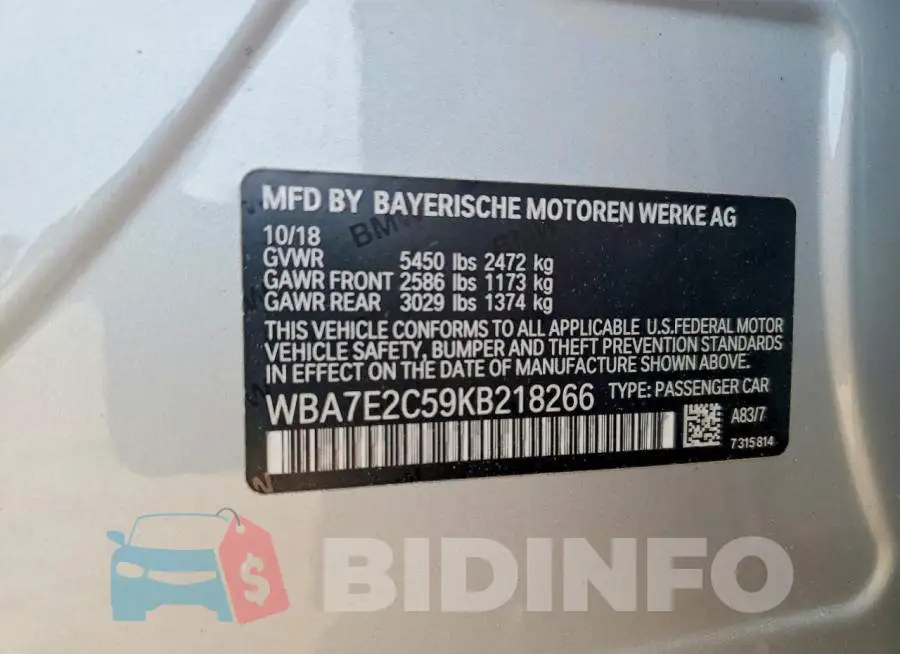 WBA7E2C59KB218266 Photo# 12