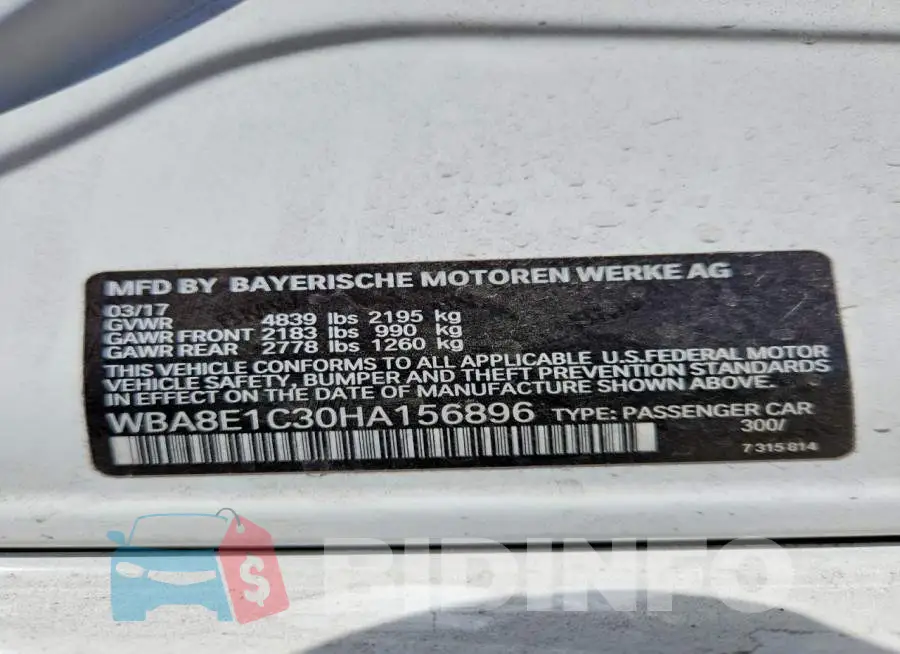 WBA8E1C30HA156896 Photo# 12