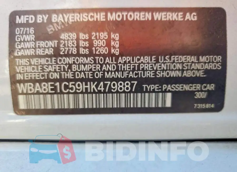 WBA8E1C59HK479887 Photo# 12
