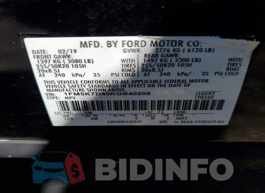1FM5K7D80KGB40208 Photo# 13