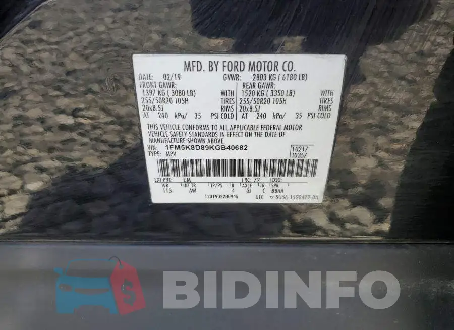 1FM5K8D89KGB40682 Photo# 14