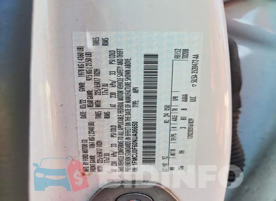 1FMCU0F60NUA06650 Photo# 13