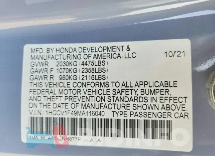 1HGCV1F49MA116040 Photo# 12